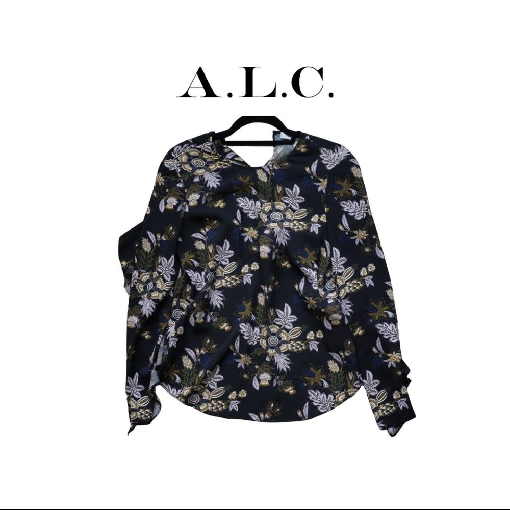 A.L.C. Floral Flowy Open Back Blouse Black, Multi | Size 2, Small